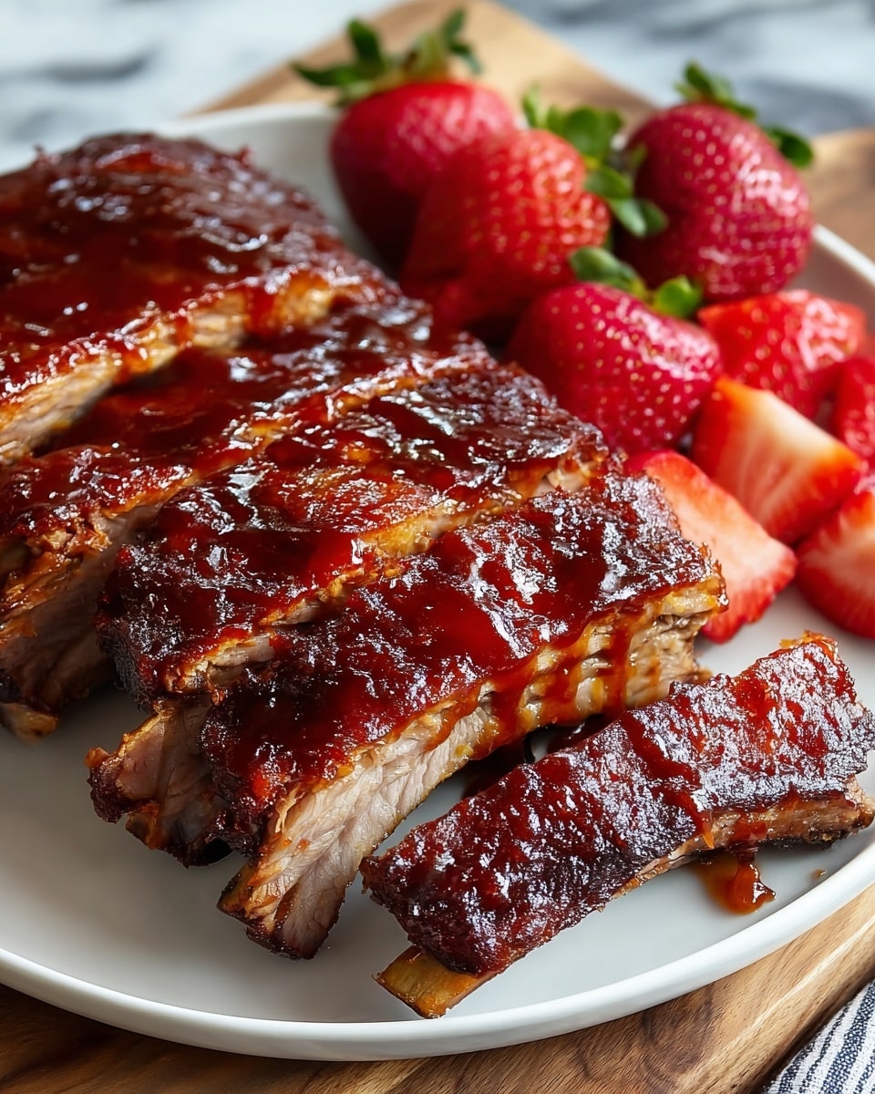 Whole rack of tender, juicy barbecue pork ribs, generously coated in glossy, rich barbecue sauce, presented on a large white rectangular platter with plump fresh strawberries arranged artfully alongside, highlighting the vibrant red of the fruit and the deep caramelized hues of the ribs, shot from a 3/4 angle on a pristine white marble countertop with natural lighting, styled for a professional food magazine hero shot, photo taken with an iphone --ar 4:5 --v 7