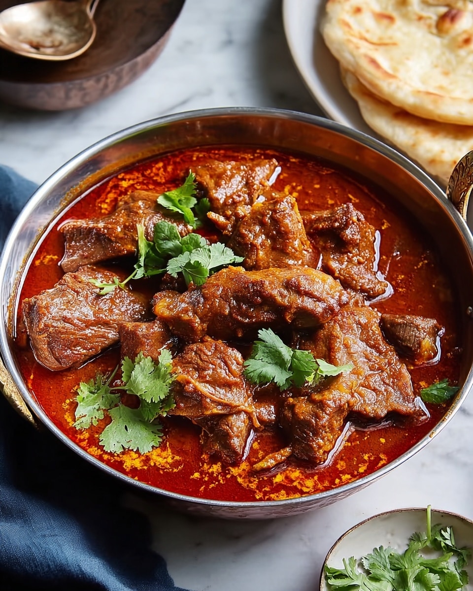 A large white metal serving bowl filled with a rich, spiced lamb curry, showcasing tender lamb pieces immersed in a vibrant red-brown sauce with a smooth, glossy finish, garnished with fresh green cilantro leaves on top. The bowl is placed on a white marble surface with natural lighting emphasizing the stew's warm hues and texture. The entire dish is captured from a professional 3/4 angle, styled as a hero shot for a food magazine, highlighting the wholesome and complete presentation of the curry alongside a side of whole naan breads on a white plate in the background. Photo taken with an iphone --ar 4:5 --v 7