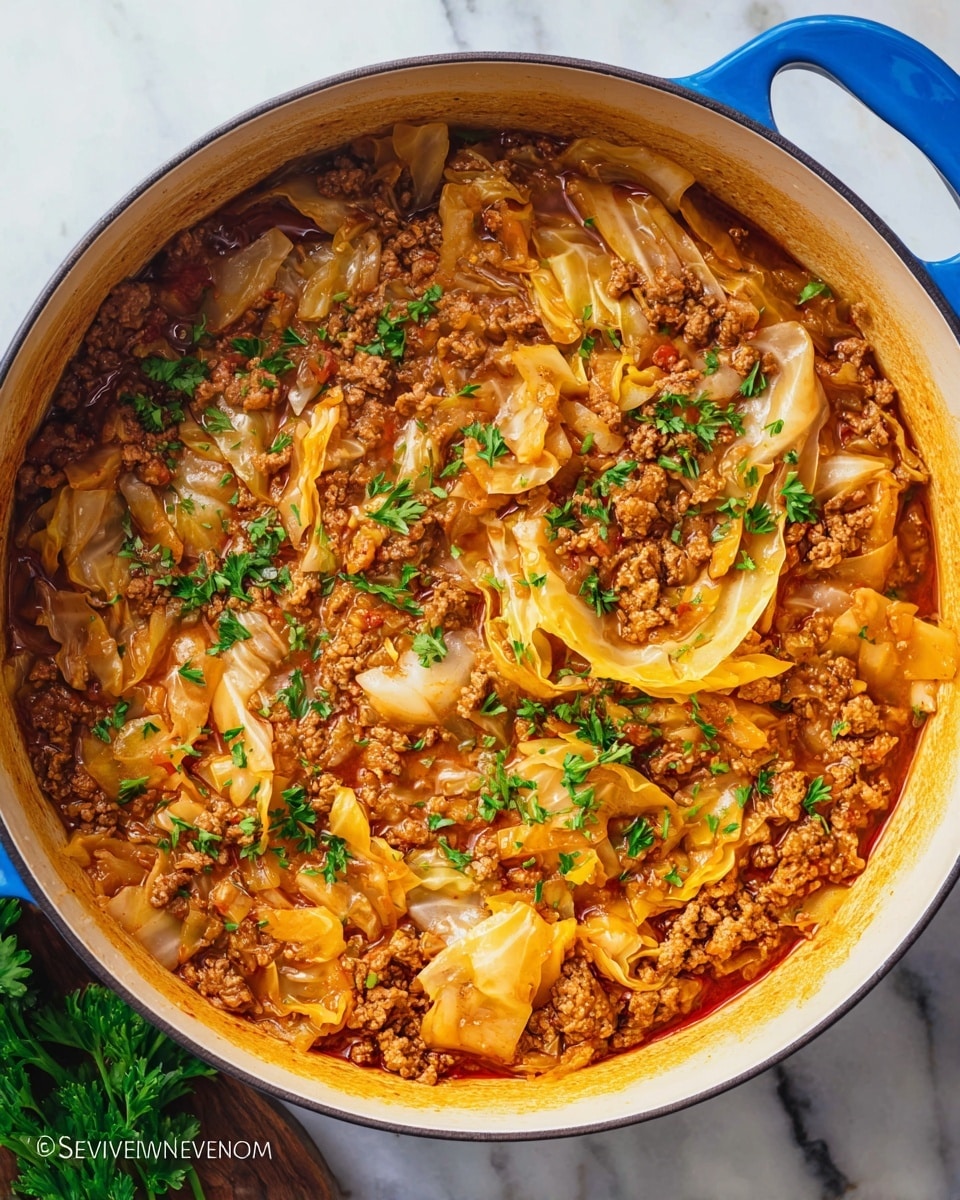 Large blue pot filled with hearty cabbage and ground meat stew, featuring tender cooked cabbage pieces and savory minced meat simmered in a rich tomato-based broth, garnished with freshly chopped parsley, captured in a professional 3/4 angle shot on a white marble background with natural lighting, whole dish in frame like a food magazine hero shot, photo taken with an iphone --ar 4:5 --v 7