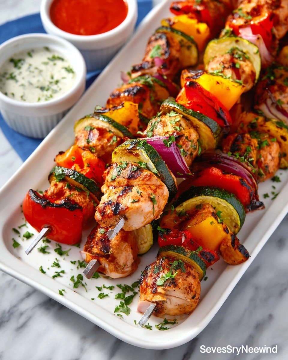 A large white rectangular platter filled with multiple grilled chicken and vegetable skewers, each loaded with plump, char-grilled chicken pieces, vibrant red and yellow bell peppers, zucchini slices, and red onion chunks, sprinkled with fresh chopped herbs, served alongside small white ramekins of bright red and creamy white dipping sauces, all arranged on a white marble countertop with natural lighting, professional food styling, whole dish photographed at a 3/4 angle photo taken with an iphone --ar 4:5 --v 7