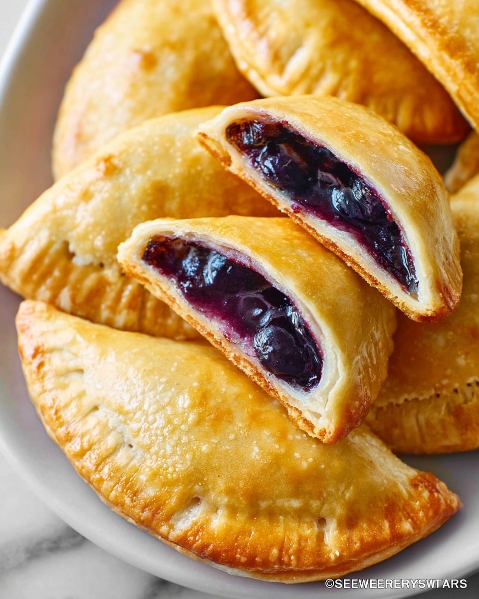 Large white platter filled with whole golden-baked hand pies, each with a perfectly sealed crust and a glossy finish, showcasing a plump, juicy blueberry filling visible through a slight transparency in the dough, arranged neatly in an inviting display, whole dish photographed from a 3/4 angle on a white marble countertop with natural lighting, professional food magazine hero shot photo taken with an iphone --ar 4:5 --v 7