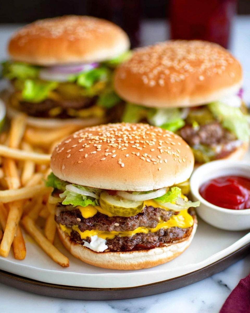 Three complete cheeseburgers on large white round plates, each cheeseburger with sesame seed buns layered with seasoned ground beef patties, slices of cheddar cheese, fresh lettuce, pickles, onions, and a drizzle of creamy sauce, accompanied by crispy golden French fries and small ramekins of ketchup, arranged neatly on a white marble countertop, captured in natural lighting from a 3/4 angle, professional food magazine hero shot, photo taken with an iphone --ar 4:5 --v 7