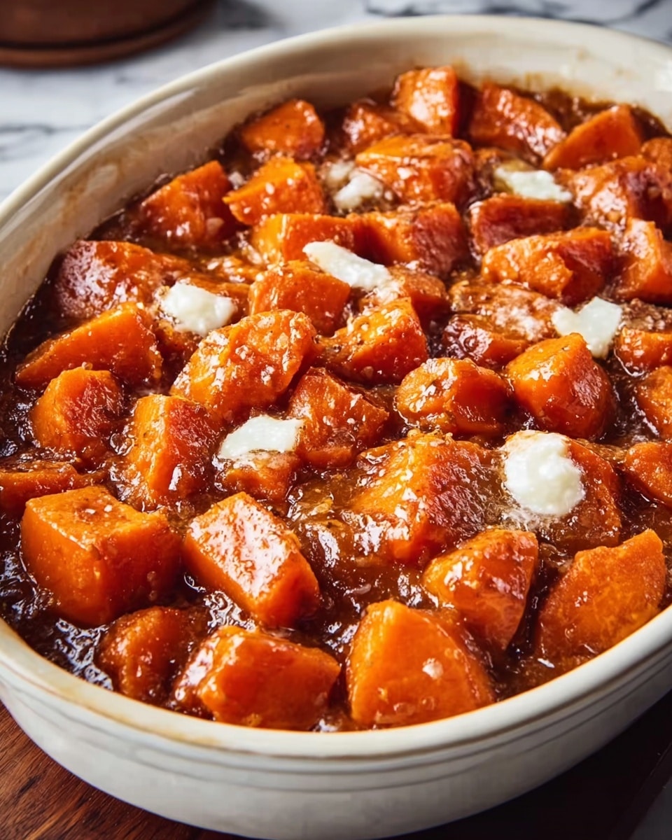 Large white ceramic baking dish filled with a whole batch of rich, caramelized sweet potato casserole, showcasing evenly cut, tender sweet potato chunks glazed in a glossy, spiced brown sugar sauce, topped with melted pats of butter that glisten under natural light, the entire dish presented from a 3/4 angle on a white marble countertop, professional food magazine hero shot photo taken with an iphone --ar 4:5 --v 7