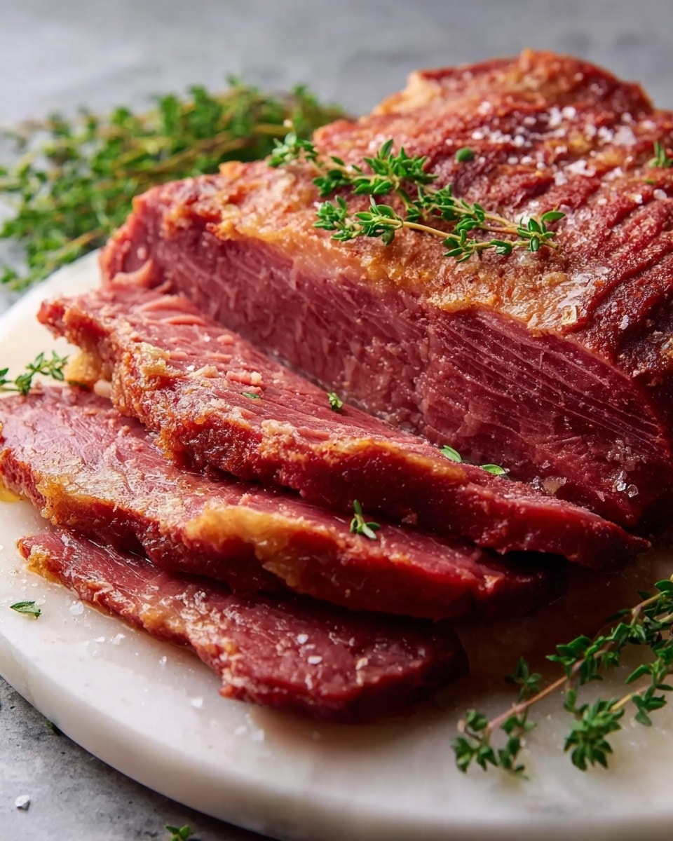 Whole large smoked corned beef brisket displayed on a white platter, with a perfectly browned crust and juicy, tender texture visible through slight marbling; garnished with fresh sprigs of thyme and sprinkled with coarse salt, sitting on a white marble countertop, natural lighting highlighting the rich color and succulent appeal, professional food magazine hero shot photo taken with an iphone --ar 4:5 --v 7