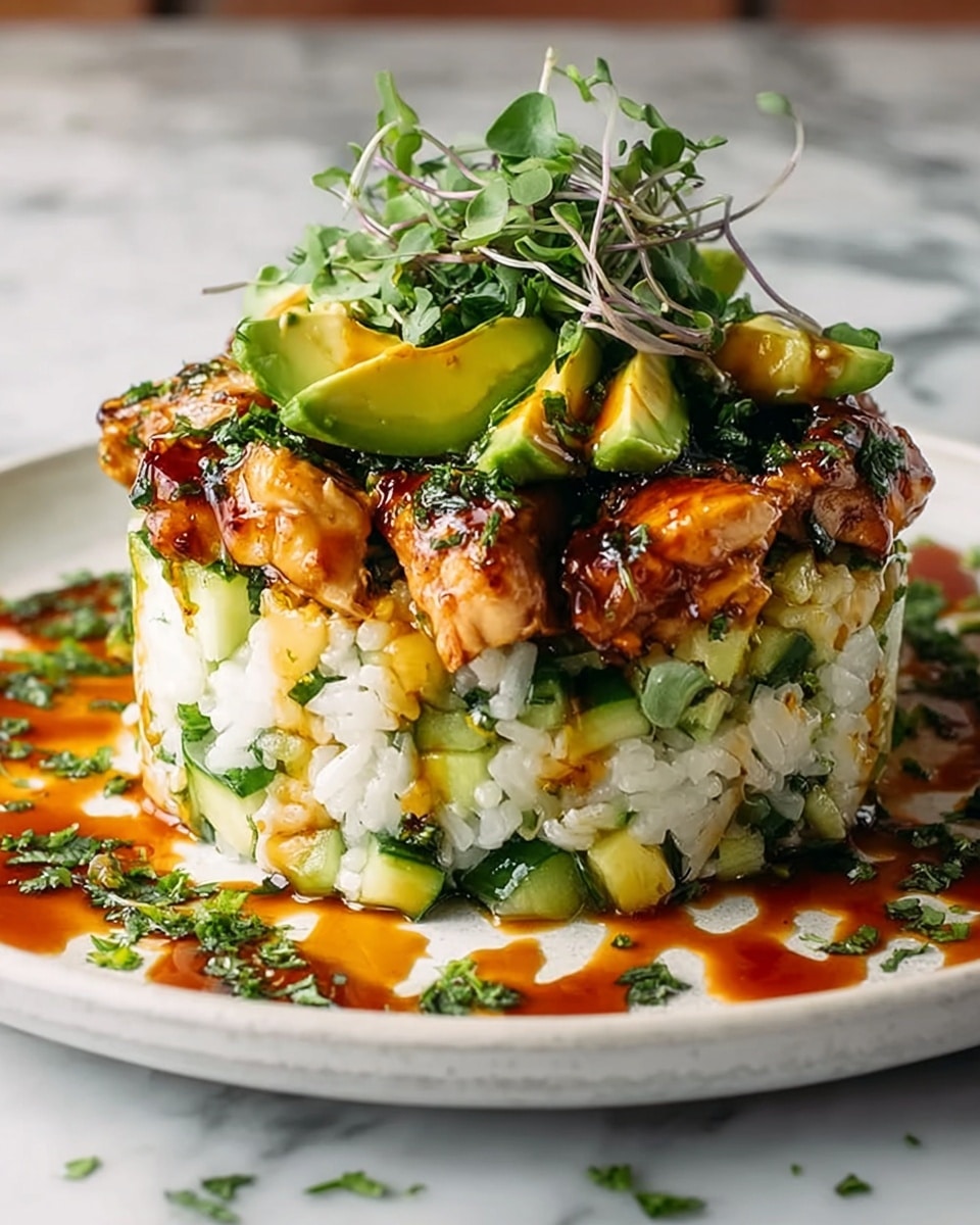 Large white serving platter featuring a whole round molded stack of fragrant sushi rice mixed with diced cucumber and herbs, topped with a generous layer of glazed, perfectly seared chicken pieces, garnished with fresh avocado slices and vibrant microgreens, surrounded by an appetizing drizzle of savory sauce and scattered finely chopped herbs, photographed from a 3/4 angle against a white marble background with natural lighting, professional food magazine hero shot photo taken with an iphone --ar 4:5 --v 7