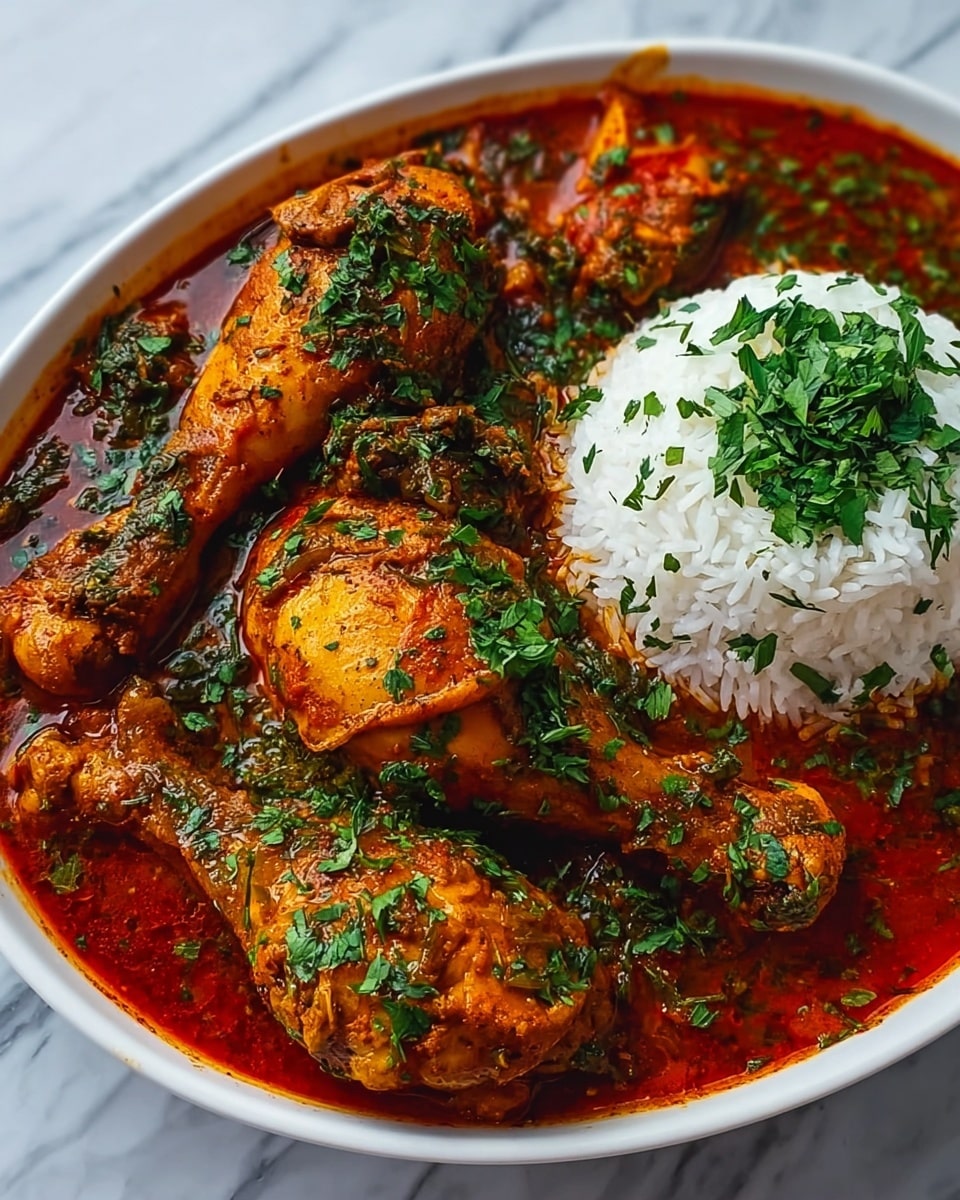 Large white oval serving dish filled with a vibrant Nigerian-style chicken stew featuring whole chicken drumsticks and thighs simmered in a rich, deep red tomato and pepper sauce, generously garnished with chopped fresh green herbs, accompanied by a mound of fluffy white rice sprinkled with fresh cilantro, the entire dish captured from a 3/4 angle on a white marble surface with natural lighting, styled as a professional food magazine hero shot, photo taken with an iphone --ar 4:5 --v 7