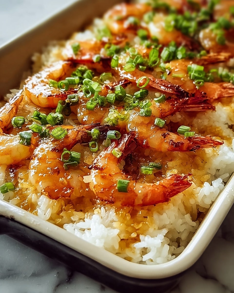 Large rectangular white baking dish filled with a whole serving of savory baked rice topped with multiple perfectly grilled shrimp, each glazed with a golden, slightly caramelized sauce and sprinkled generously with fresh, finely chopped green onions, the shrimp arranged neatly over a bed of fluffy, steaming white rice, shot from a professional 3/4 angle showcasing the entire dish on a white marble countertop with natural lighting, styled as a hero food magazine shot, photo taken with an iphone --ar 4:5 --v 7