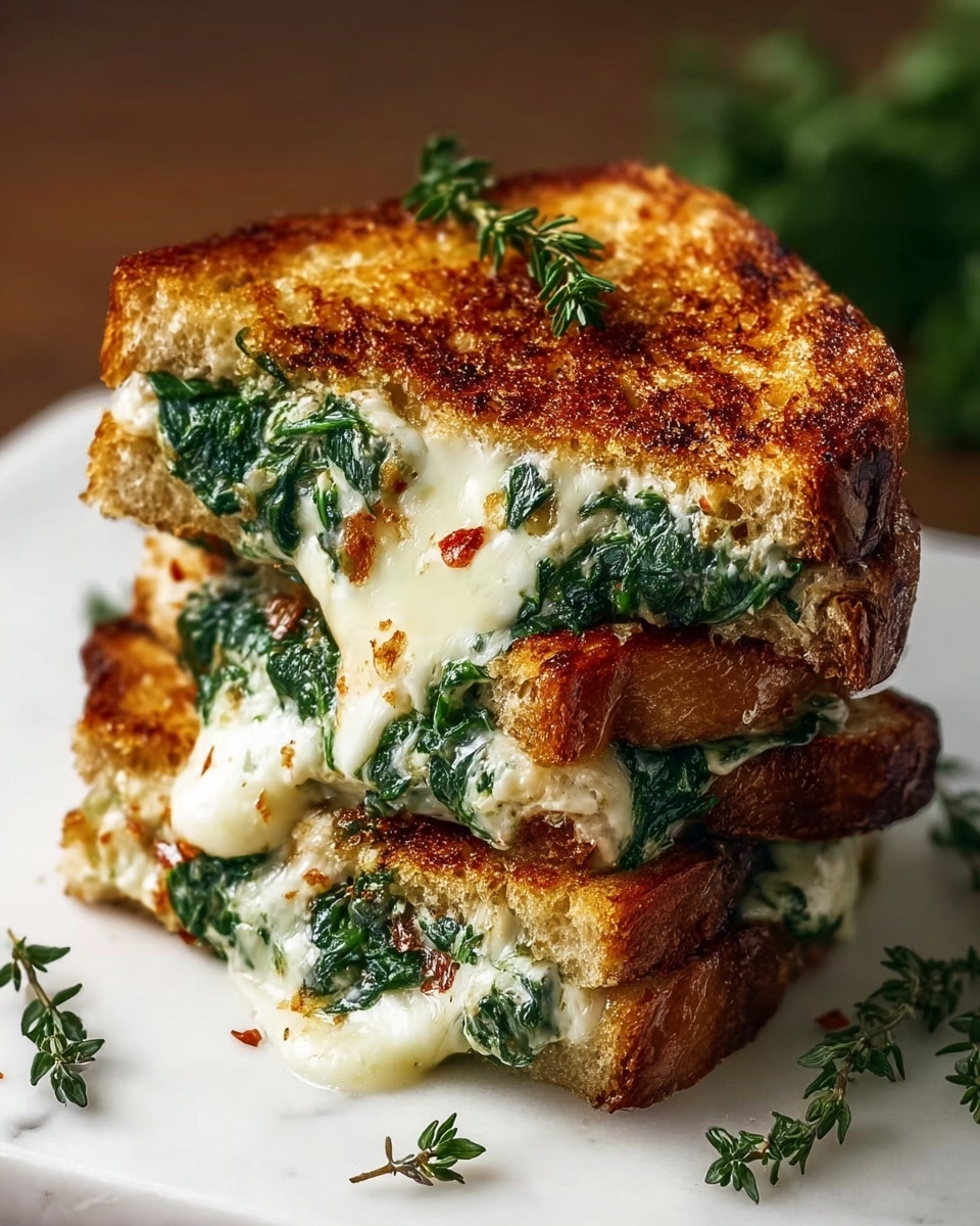 A large white rectangular plate displaying a full, uncut spinach and melted cheese grilled sandwich, perfectly toasted to a golden brown with crispy edges, stacked neatly to showcase the rich, creamy filling of fresh spinach and gooey cheese inside each whole sandwich, garnished with sprigs of fresh thyme scattered around for an elegant touch, photographed from a 3/4 angle on a white marble countertop with natural lighting, styled like a hero shot from a food magazine, photo taken with an iphone --ar 4:5 --v 7