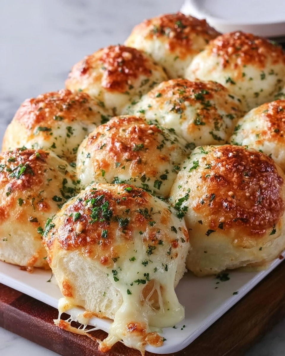 White rectangular serving platter filled with a full batch of golden, freshly baked cheesy pull-apart rolls, each perfectly round with bubbling melted cheese and sprinkled with fresh chopped parsley and garlic bits, arranged closely together to showcase their soft, fluffy texture and rich topping, photographed from a 3/4 angle on a white marble countertop with natural lighting, styled as a professional food magazine hero shot, photo taken with an iphone --ar 4:5 --v 7