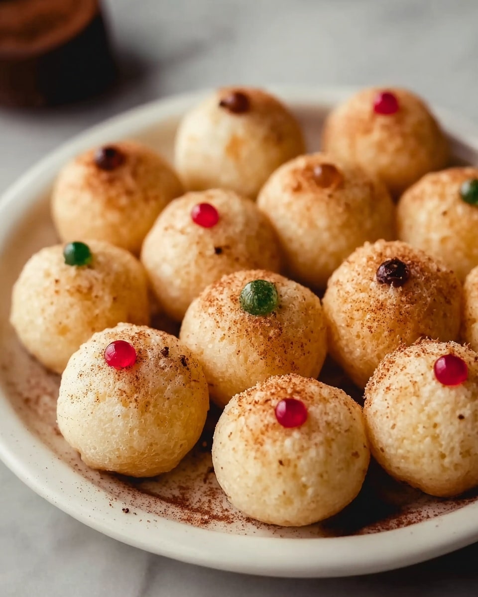 Large white serving platter filled with a complete arrangement of round, light golden pani puri balls, each topped with a small dot of colorful garnish in red, green, and brown tones and lightly dusted with a fine spice powder, presented as a full set of nine pieces in a neat formation, photographed with a professional 3/4 angle on a white marble background under natural lighting, emphasizing texture and detail, food magazine style hero shot photo taken with an iphone --ar 4:5 --v 7