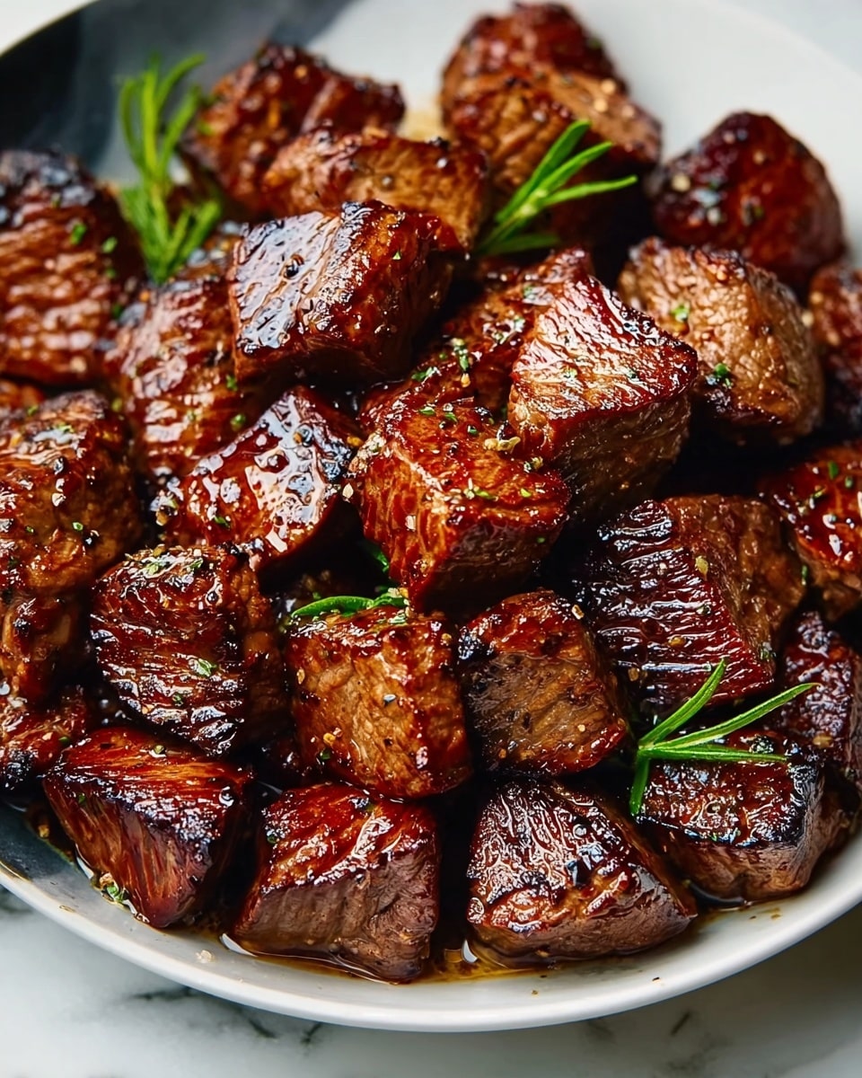 Large white serving dish filled with a generous pile of perfectly seared beef cubes, richly caramelized with deep grill marks and glistening with a light coating of savory juices and cracked black pepper, showcasing the full batch ready to serve, presented on a pristine white marble countertop under natural lighting, styled like a professional food magazine hero shot, photo taken with an iphone --ar 4:5 --v 7