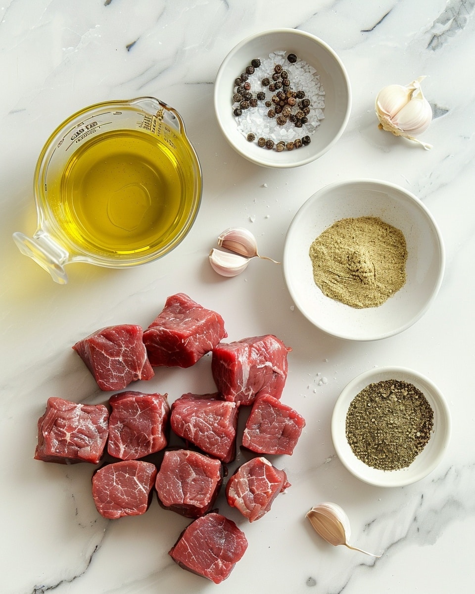 Single white plate featuring a generous portion of seared steak bites with visible char marks and a glistening caramelized crust, close-up angle highlighting the tender interior texture and juicy cross-section of one piece, scattered with coarse ground black pepper and fresh green herb garnishes, natural lighting enhancing the rich brown tones and succulent surface, placed on a white marble background, intimate plated serving photo taken with an iphone --ar 4:5 --v 7