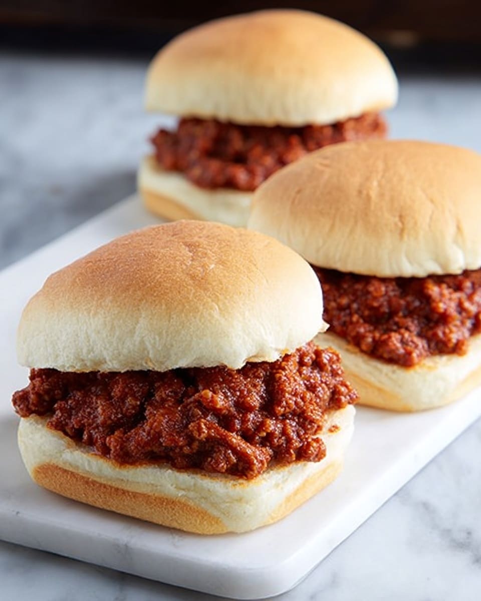 Three whole sloppy joe sandwiches arranged on a white rectangular serving platter, each sandwich made with soft white buns generously filled with rich, chunky, savory ground beef tomato sauce, the full sandwiches showing the hearty filling evenly spread within the buns, photographed from a 3/4 angle on a pristine white marble countertop, natural lighting enhancing the textures, professional food styling, photo taken with an iphone --ar 4:5 --v 7