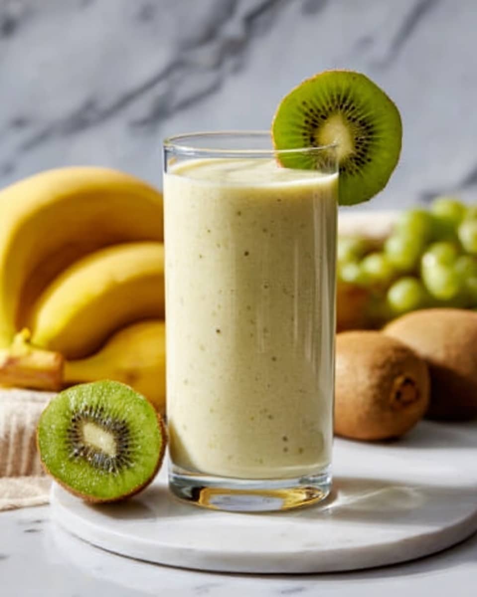 Tall transparent glass filled with a creamy, pale yellow banana smoothie with visible kiwi seeds, topped with a fresh, whole kiwi slice elegantly perched on the rim, surrounded by whole bananas and kiwi fruits on a white marble surface, natural light illuminating the scene, professional food magazine style hero shot photographed with an iphone --ar 4:5 --v 7