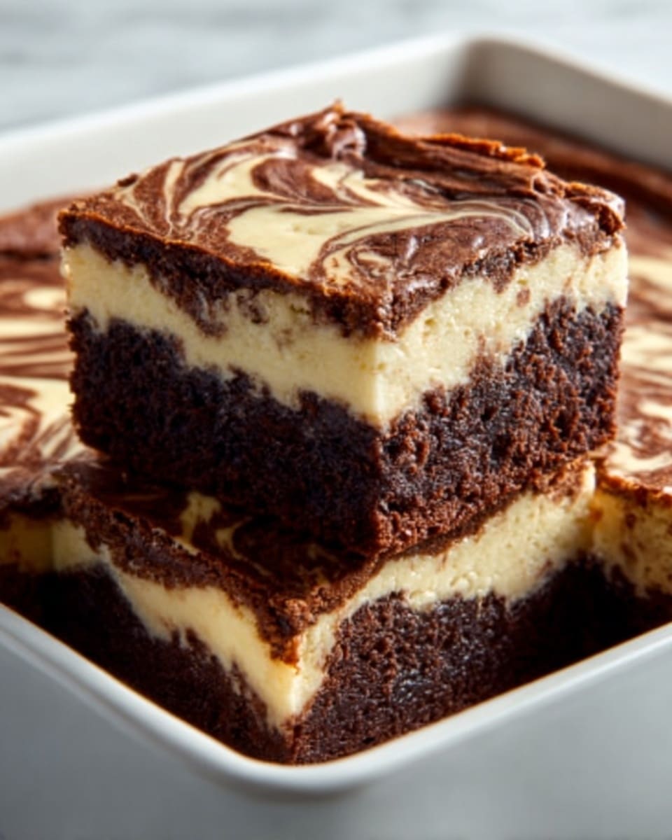 A large, square white baking dish filled with a rich, layered marble cheesecake brownie, featuring distinct alternating swirls of dark chocolate brownie and creamy cheesecake, the top glossy and slightly cracked with marbled patterns, showing the entire uncut dessert perfectly set and ready to serve, photographed from a 3/4 angle on a white marble countertop with natural lighting, styled as a professional food magazine hero shot, photo taken with an iphone --ar 4:5 --v 7