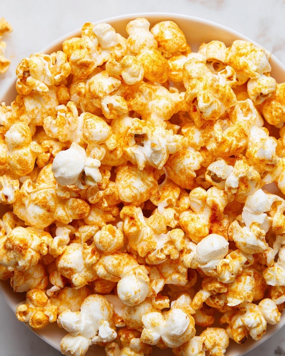 Large white bowl filled to the brim with fluffy, freshly popped popcorn generously coated with a vibrant golden cheesy seasoning, showcasing the perfect balance of white popped kernels and rich cheese dust, whole dish displayed on a white marble surface with natural lighting, professional overhead food magazine style photo taken with an iphone --ar 4:5 --v 7