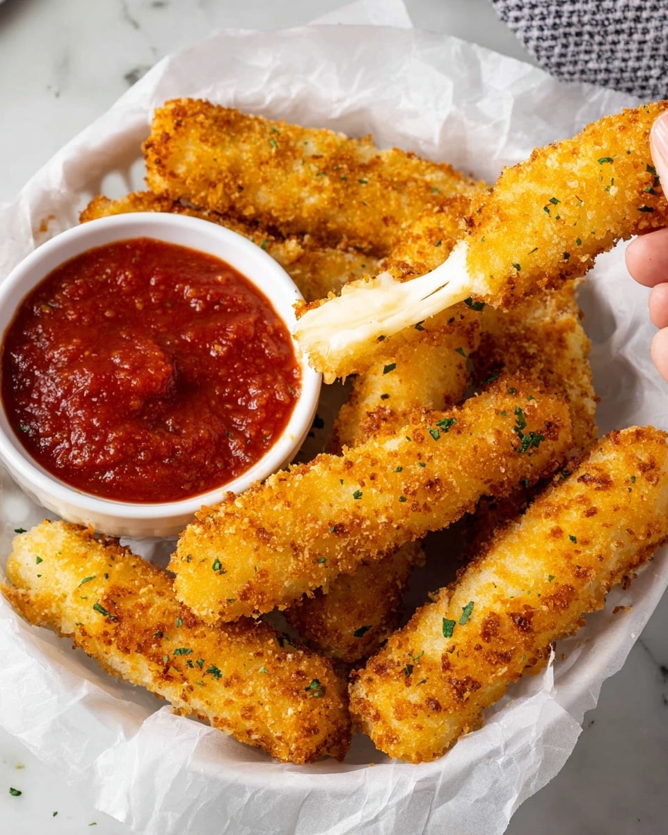 White serving basket lined with parchment paper filled with several perfectly golden, crispy breaded mozzarella sticks, arranged neatly alongside a small white ramekin of rich red marinara sauce, showcasing their crunchy texture and cheesy interior at the edges, photo taken from a 3/4 angle on a white marble countertop with natural lighting, professional food styling photo taken with an iphone --ar 4:5 --v 7