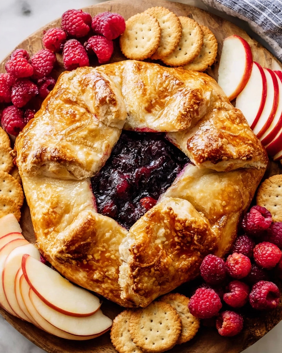 Round white serving plate holding an entire golden-brown galette with a flaky, crispy crust, its center filled with dark mixed berry jam, surrounded by fresh raspberries, thinly sliced red and white apples, and an assortment of round crackers, photographed from a 3/4 angle on a white marble countertop with natural lighting, showcasing the whole dish like a food magazine hero shot, photo taken with an iphone --ar 4:5 --v 7