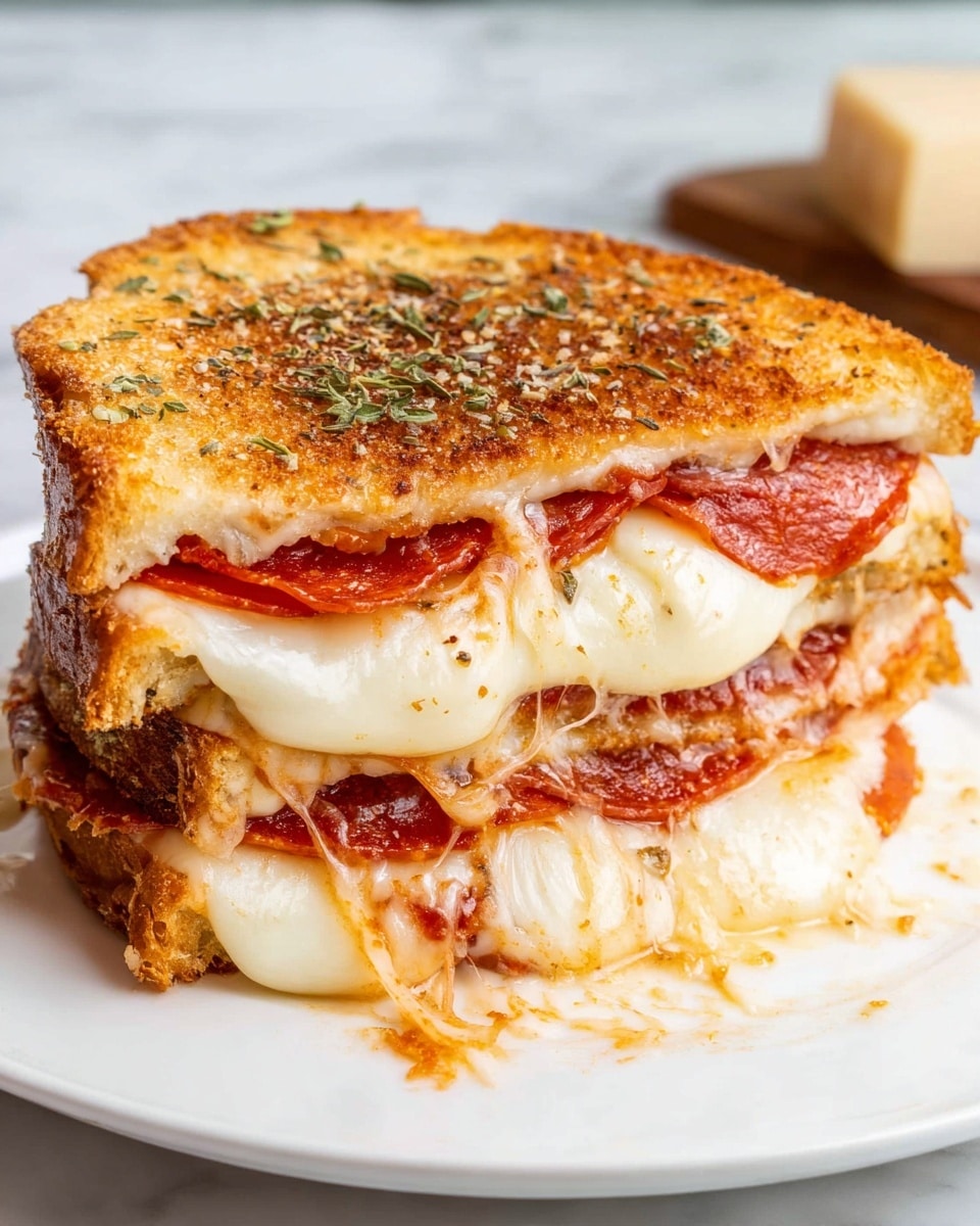 A whole golden brown toasted sandwich on a large white plate, filled generously with layers of melted mozzarella cheese and slices of pepperoni, the crust perfectly crispy and sprinkled with Italian herbs, shot from a 3/4 angle showing the entire sandwich in frame, placed on a white marble countertop with natural lighting, styled as a hero food magazine photo taken with an iphone --ar 4:5 --v 7