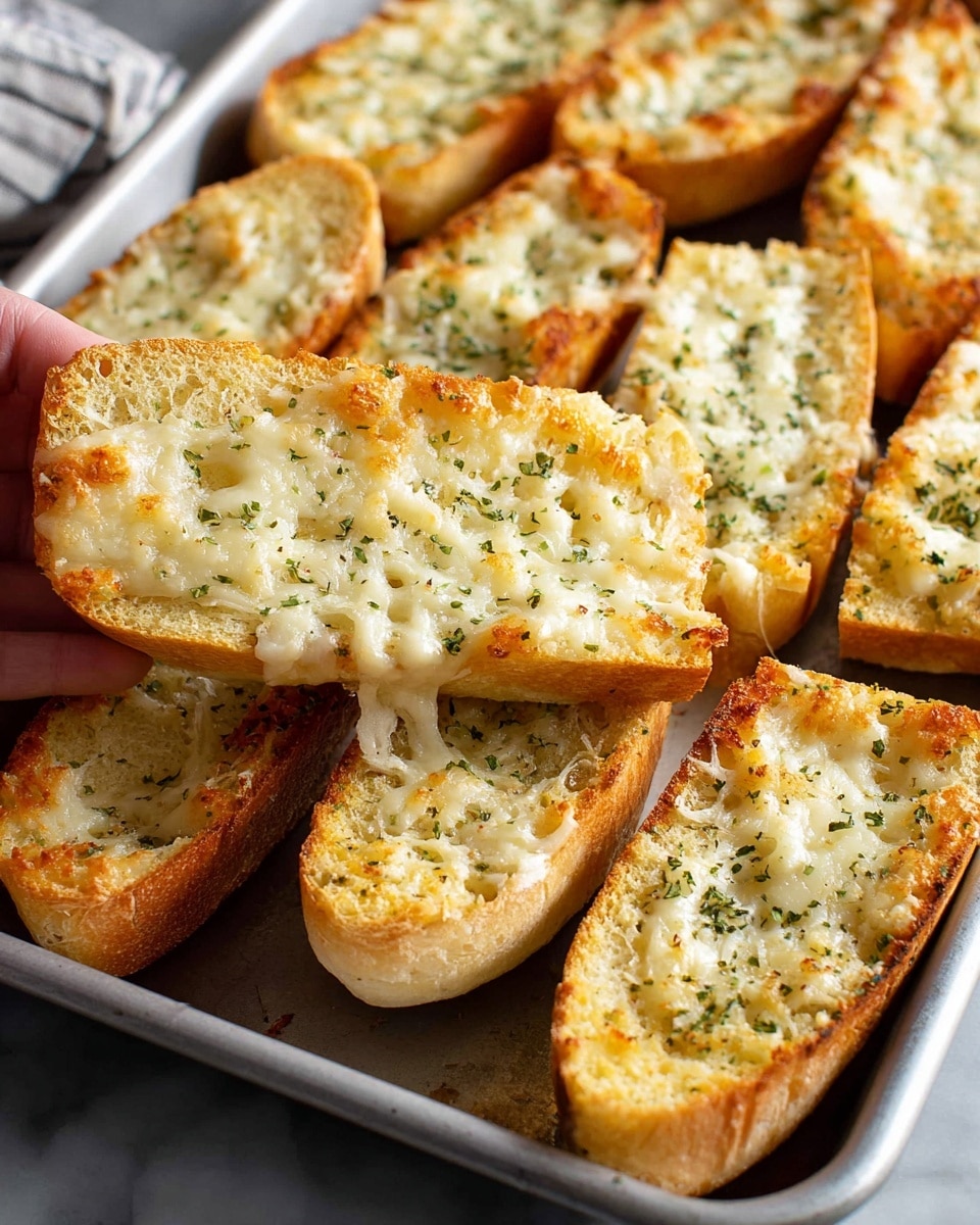 Large white baking sheet filled with multiple golden toasted garlic bread slices, each topped generously with melted mozzarella cheese and sprinkled with herbs, presented as a complete batch fresh from the oven, photographed from a 3/4 angle on a white marble countertop with natural lighting, professional food styling photo taken with an iphone --ar 4:5 --v 7