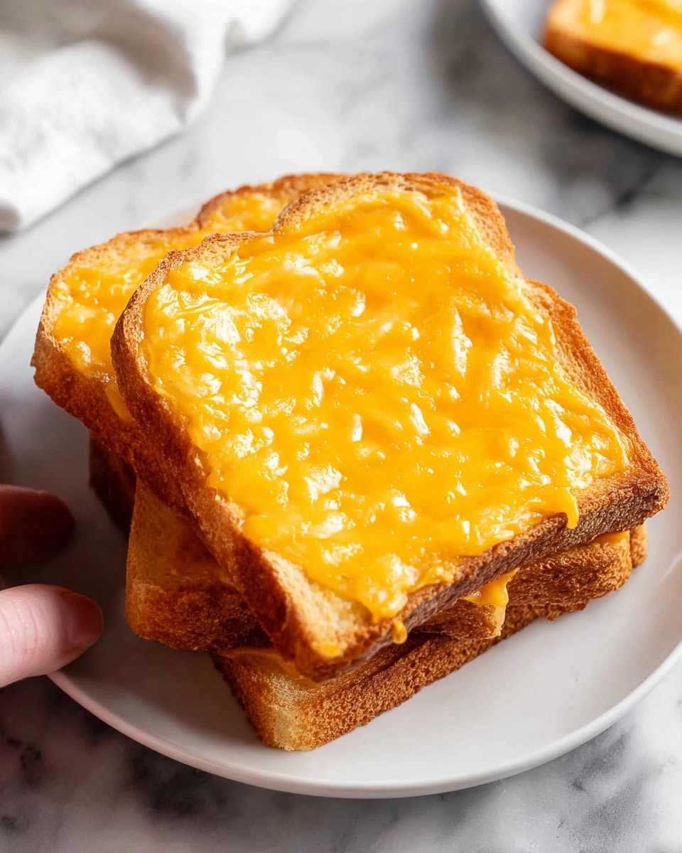 A white plate holding a stack of golden brown toasted bread slices generously topped with melted sharp cheddar cheese, each piece evenly coated with a smooth, slightly bubbly cheesy layer, the full portion of multiple slices arranged neatly on a white marble countertop with natural lighting, styled as a professional food magazine hero shot, photo taken with an iphone --ar 4:5 --v 7