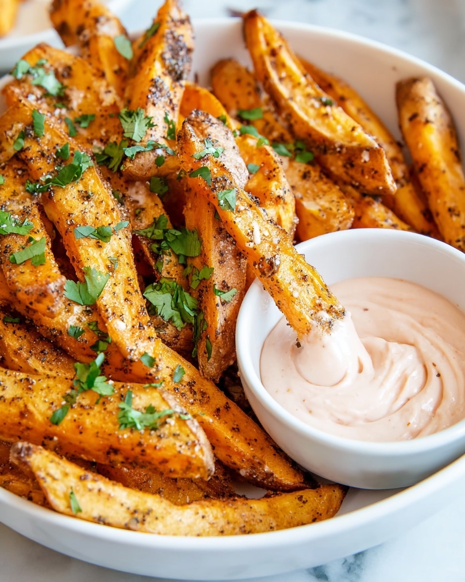 Large white bowl filled with a generous serving of golden-brown baked sweet potato fries seasoned with black pepper and garnished with fresh chopped cilantro, accompanied by a matching white bowl of creamy dipping sauce swirled with a light pink hue, all presented on a white marble countertop with natural lighting, professional food styling, photo taken with an iphone --ar 4:5 --v 7