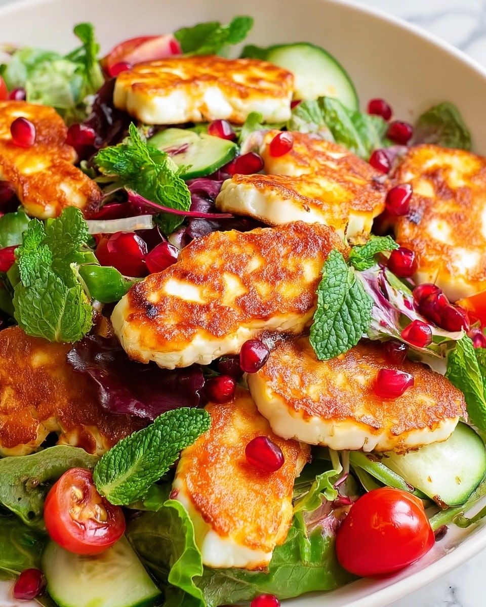Large white serving bowl filled with a vibrant grilled halloumi salad featuring thick, golden-brown slices of halloumi cheese arranged atop a bed of fresh mixed greens, bright red cherry tomatoes, thin cucumber slices, and scattered glistening pomegranate seeds, garnished with fresh mint leaves, photographed from a 3/4 angle on a white marble countertop with natural lighting, professional food magazine hero shot, photo taken with an iphone --ar 4:5 --v 7