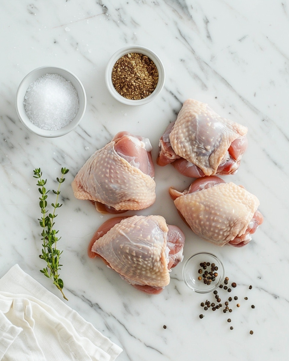 Single white plate featuring one golden, crispy roasted chicken thigh with pepper seasoning, close-up angle highlighting the juicy, tender interior just visible beneath the crackling skin, resting on a few fresh basil leaves, natural lighting enhancing the warm texture, set on white marble background, intimate plated serving photo taken with an iphone --ar 4:5 --v 7