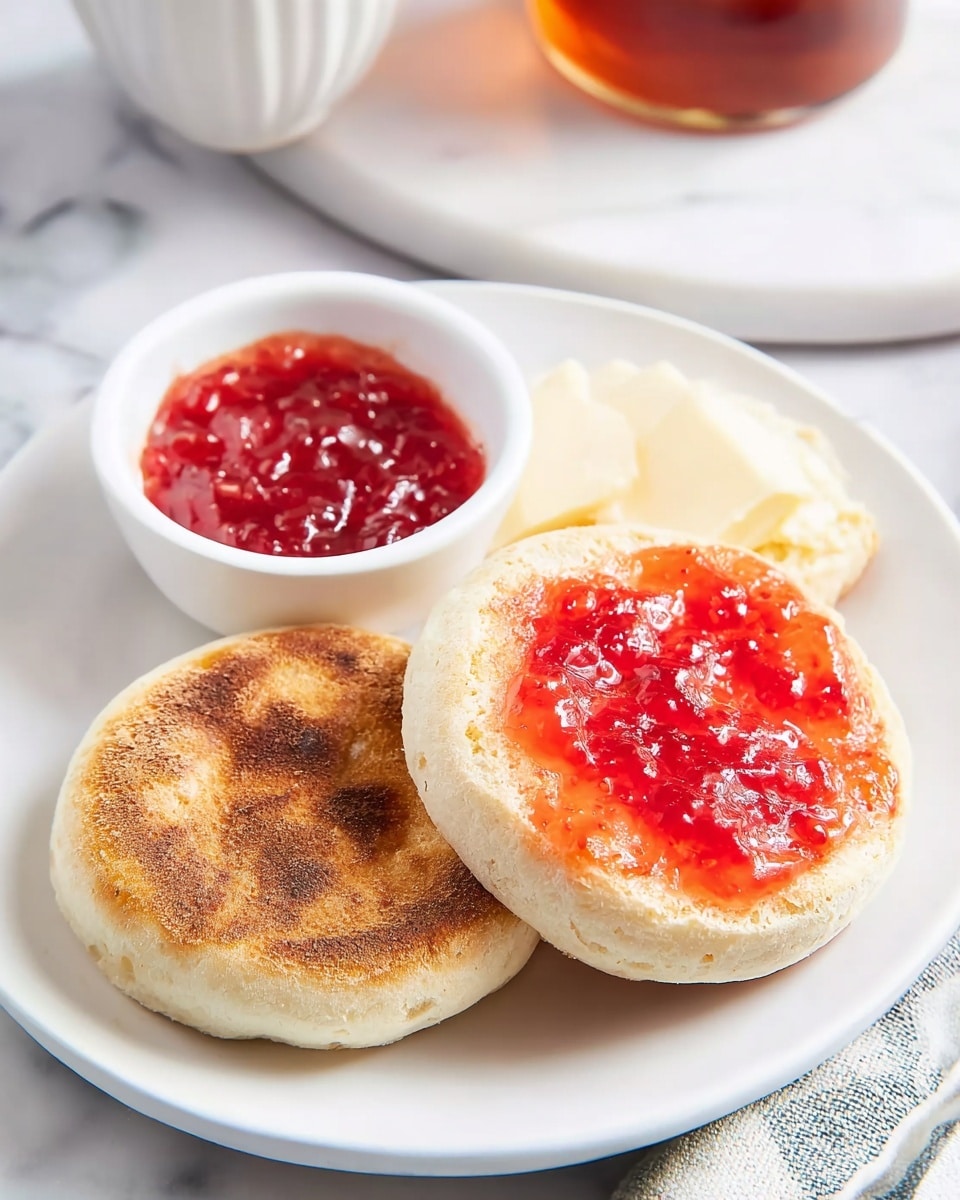 Whole white plate with a full toasted English muffin, golden brown and evenly crisped on top, generously spread with bright red strawberry jam, accompanied by a small white bowl brimming with extra jam and an entire uncut English muffin on the side, all arranged on a white marble countertop under natural lighting, styled as a professional hero food magazine shot, photo taken with an iphone --ar 4:5 --v 7