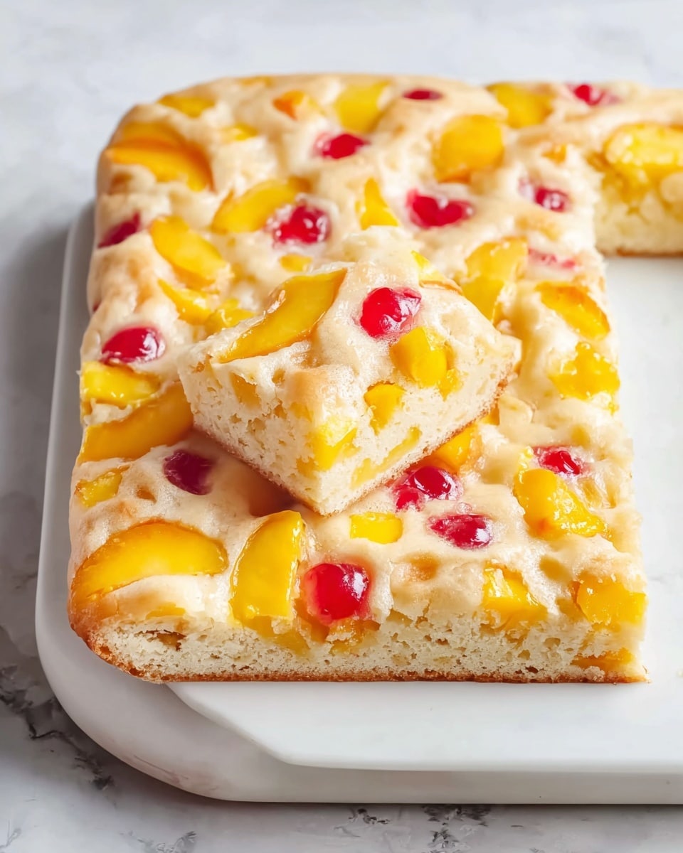 Large white rectangular baking dish filled with an uncut, fluffy peach cake studded generously with bright yellow peach chunks and sporadic red maraschino cherries embedded throughout the soft cake batter, showcasing a slightly golden crust on the edges, beautifully arranged and photographed from a 3/4 angle on a white marble countertop under natural lighting, professional food styling, photo taken with an iphone --ar 4:5 --v 7