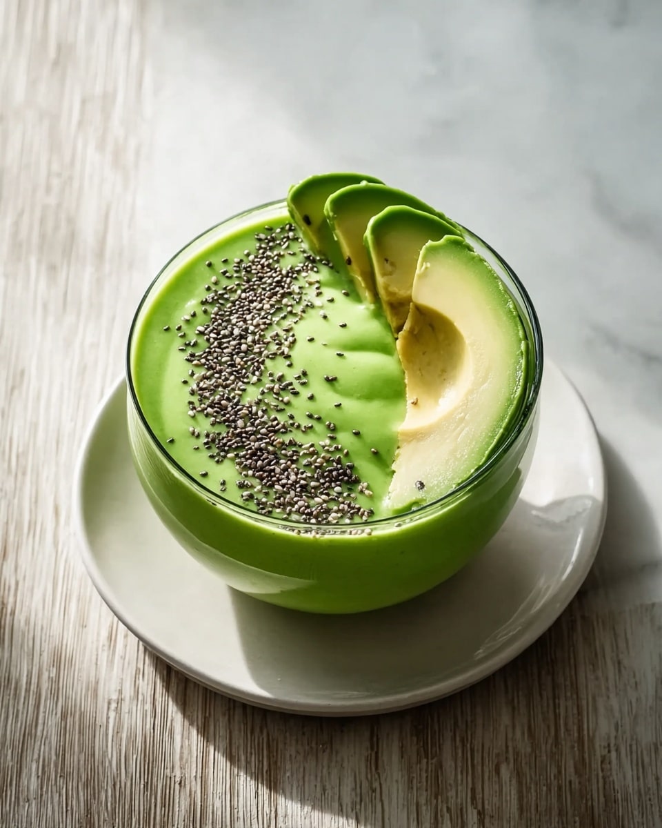 Large white serving bowl filled with vibrant green avocado smoothie, garnished evenly across the surface with chia seeds, surrounded by several slices of fresh avocado artfully placed on the rim, showcasing a smooth, creamy texture and fresh ingredients, shot from a 3/4 angle on a white marble countertop with natural lighting highlighting the vibrant colors, professional food styling photo taken with an iphone --ar 4:5 --v 7
