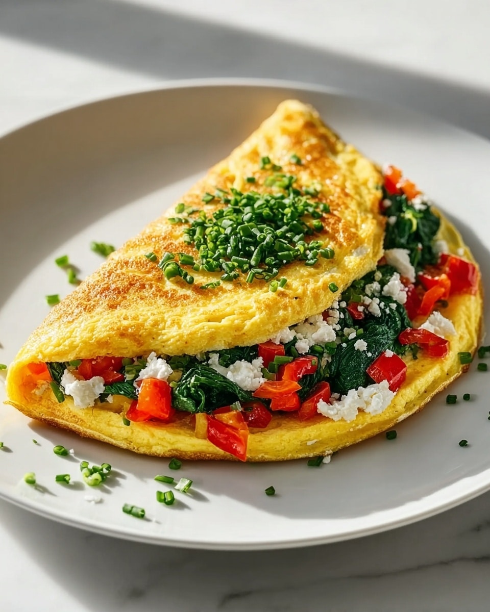 Entire golden folded omelette on a white plate, filled generously with bright sautéed spinach, fresh diced red bell peppers, and creamy white cheese crumbles, topped with a small heap of finely chopped chives, presented from a 3/4 angle with natural sunlight highlighting the fluffy texture of the eggs, resting on a pristine white marble surface, styled as a professional food magazine hero shot photo taken with an iphone --ar 4:5 --v 7