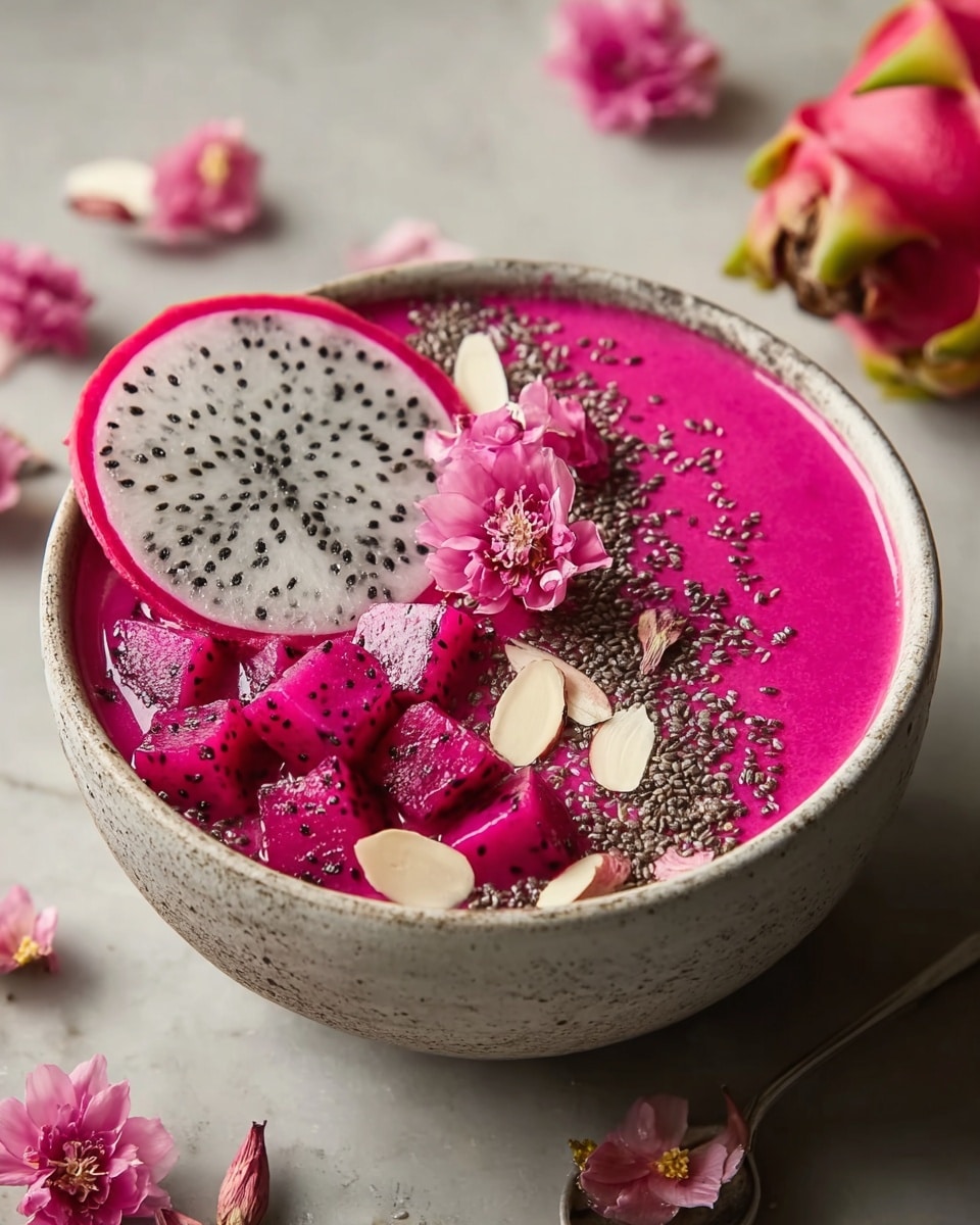A large white bowl filled with vibrant pink dragon fruit smoothie, generously topped with an artful arrangement of cubed dragon fruit, a circular slice of white dragon fruit with black seeds, sprinkled chia seeds, thinly sliced almonds, and delicate pink edible flowers, all set against a clean white marble background with soft natural lighting, styled as a complete serving perfect for sharing, professional food magazine hero shot, photo taken with an iphone --ar 4:5 --v 7