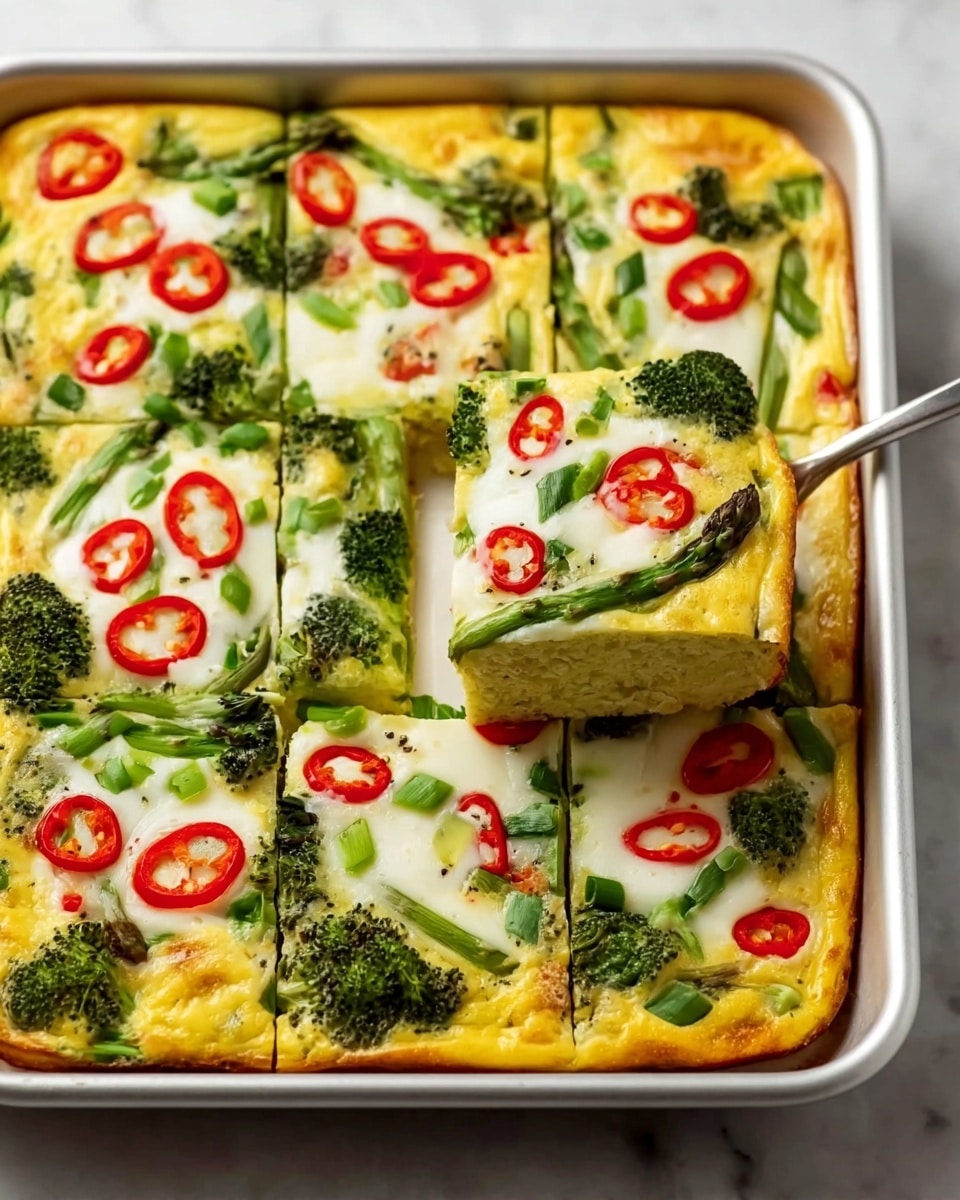 Large rectangular white baking pan filled with a vibrant vegetable frittata, featuring whole broccoli florets, asparagus stalks, and bright green asparagus tips embedded in a fluffy golden-yellow egg base, each square topped with melted white cheese and thin rings of red chili pepper, presented as a complete uncut dish, photographed from a 3/4 angle on a white marble countertop with natural lighting, professional food magazine hero shot photo taken with an iphone --ar 4:5 --v 7