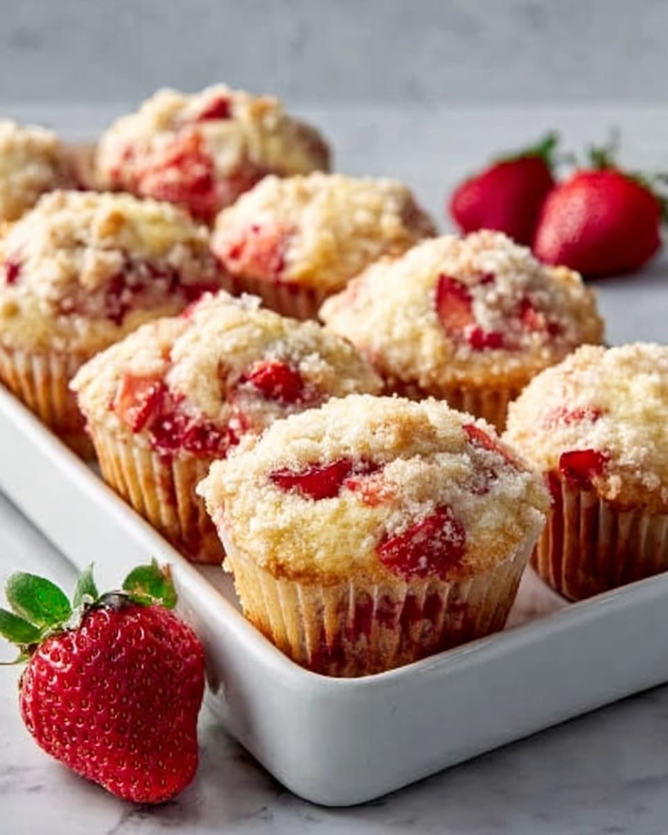 A white ceramic baking dish filled with a dozen freshly baked strawberry muffins, each topped with a golden crumbly streusel and chunks of vibrant red strawberries peeking through the soft, fluffy muffins, the muffins arranged neatly in uniform rows with a few whole strawberries placed decoratively around the dish, all set on a white marble countertop under natural lighting, shot from a 3/4 angle to capture the entire dish in an inviting, professional food magazine style, photo taken with an iphone --ar 4:5 --v 7