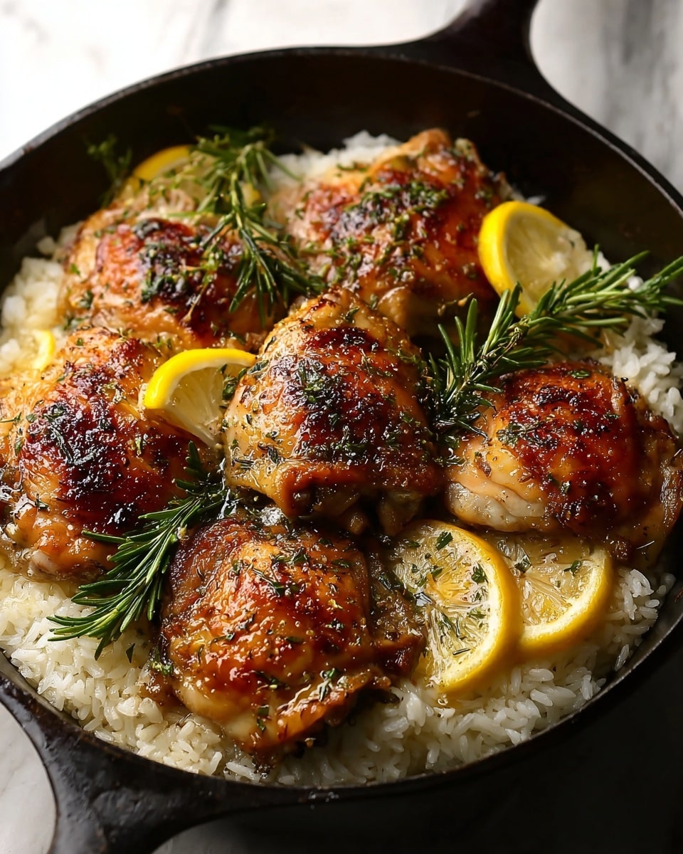Cast iron skillet filled with multiple golden-brown roasted chicken thighs perfectly seasoned with fresh herbs and spices, nestled atop a bed of fluffy white rice, garnished with bright lemon slices and sprigs of fresh rosemary, whole dish captured from a 3/4 angle on a white marble background in natural light, styled for a high-end food magazine, photo taken with an iphone --ar 4:5 --v 7