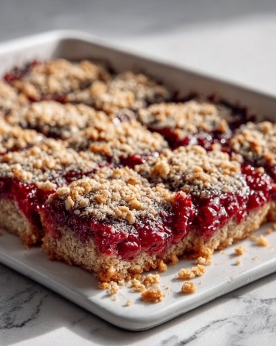 A large white rectangular baking dish filled with an uncut homemade crumb bar dessert, featuring a thick, golden oat crumb crust topped with a vibrant layer of rich, glossy raspberry jam and sprinkled generously with toasted oat crumb streusel, all freshly baked and perfectly set, photographed from a 3/4 angle on a white marble countertop with natural lighting, styled like a hero food magazine shot, photo taken with an iphone --ar 4:5 --v 7