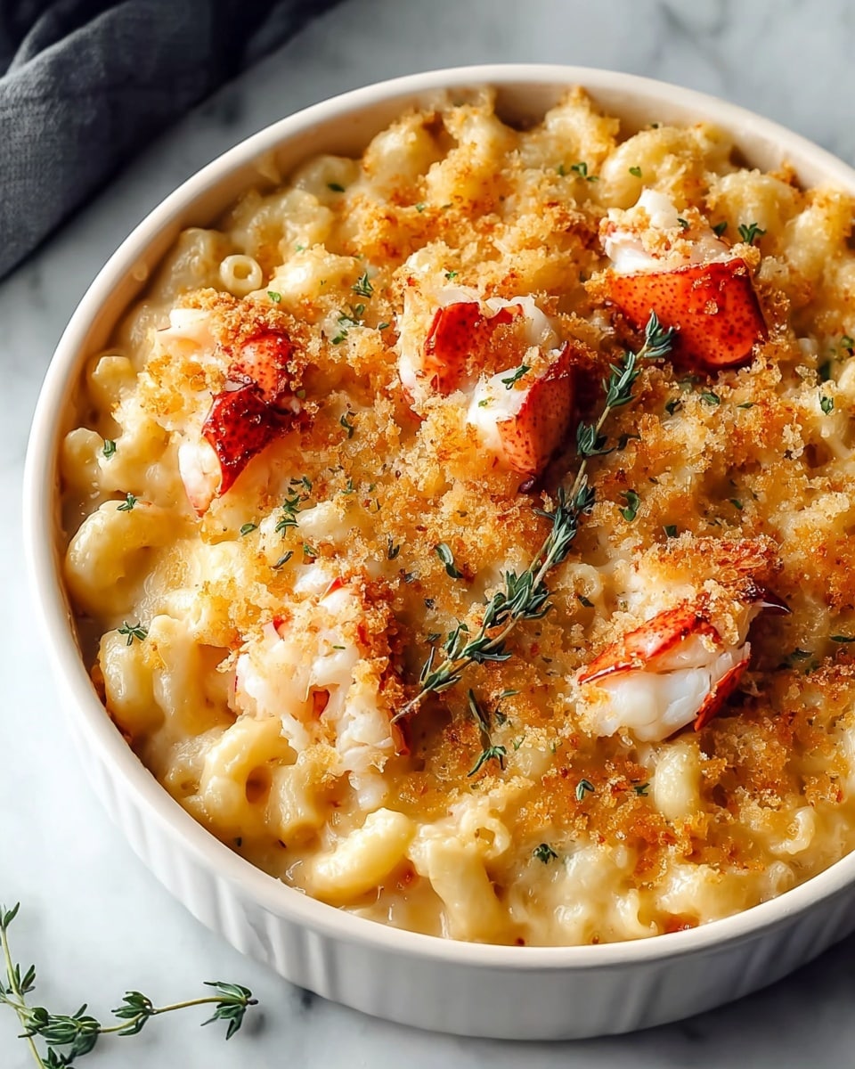 Large white ceramic baking dish filled with creamy lobster macaroni and cheese, bubbling with melted cheese and topped with a golden, crisp breadcrumb crust, generous chunks of lobster tail meat artfully arranged on top along with fresh thyme sprigs for garnish, photographed from a 3/4 angle on a white marble countertop under natural lighting, professional food magazine hero shot, photo taken with an iphone --ar 4:5 --v 7