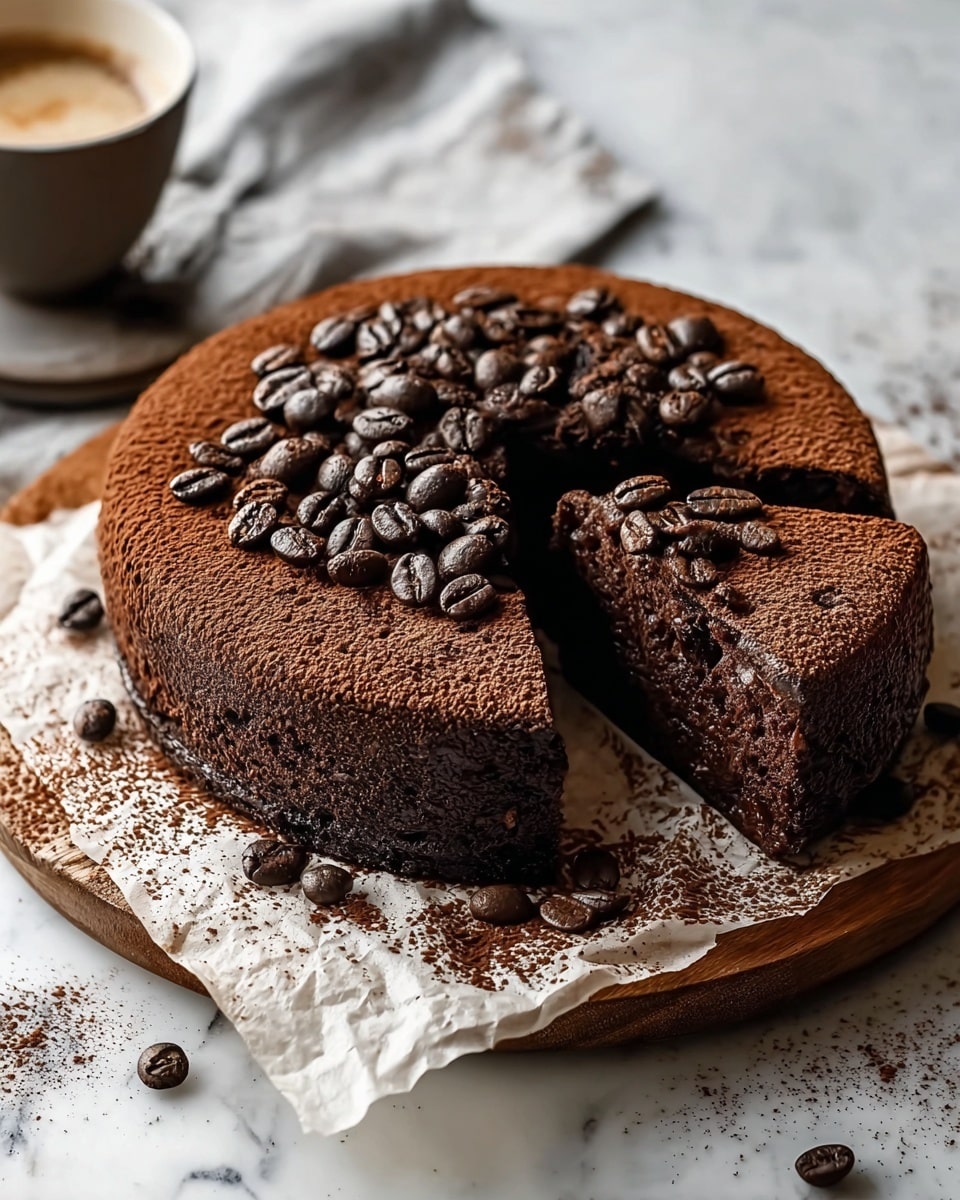 Whole uncut dark chocolate coffee cake on a round wooden board lined with parchment paper, topped generously with whole shiny coffee beans and dusted with rich cocoa powder, showcasing a dense and moist texture, photographed from a 3/4 angle with natural light on a white marble background, professional food styling photo taken with an iphone --ar 4:5 --v 7