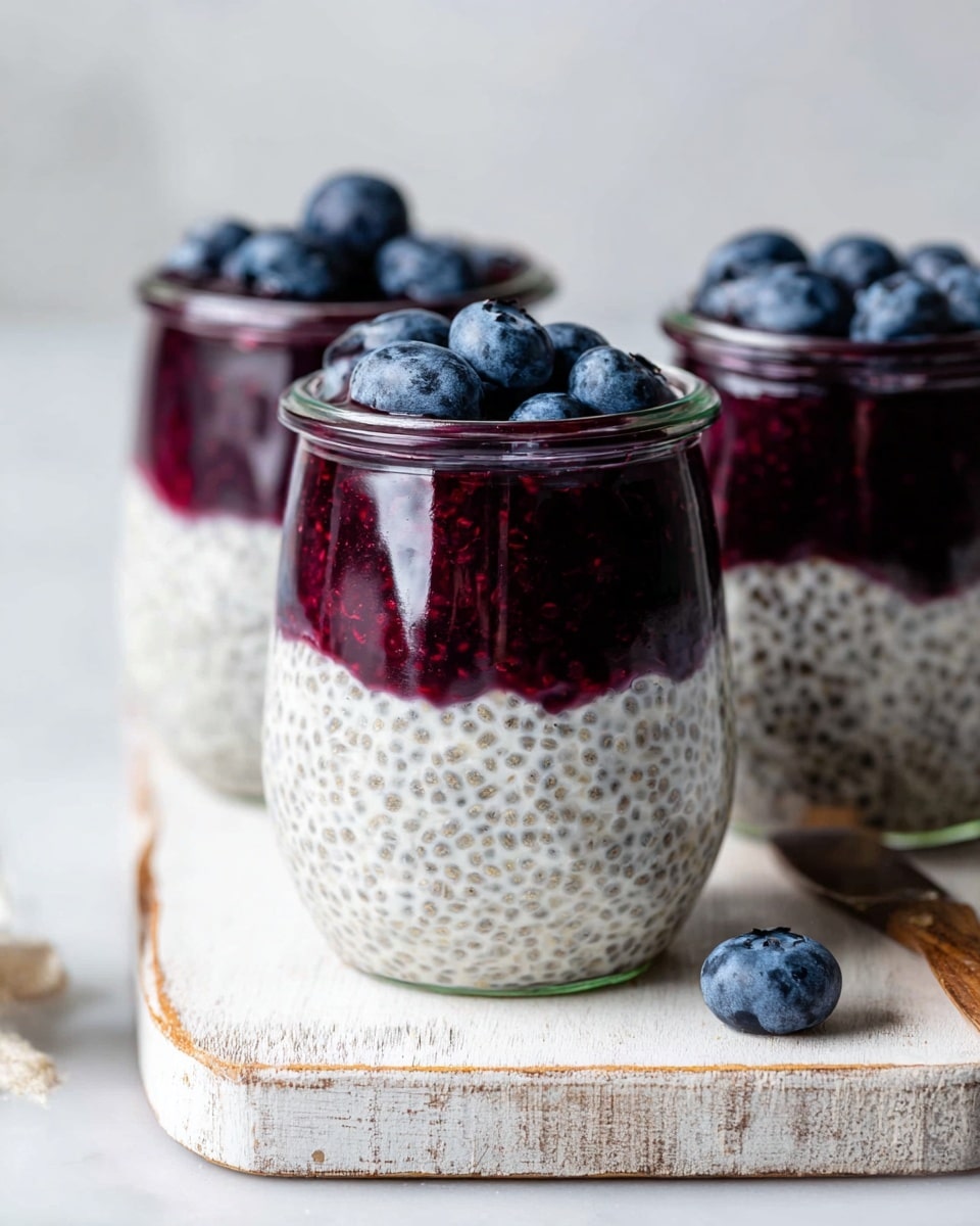 A cluster of three clear glass jars filled with layers of creamy chia pudding, topped with vibrant, glossy blueberry compote and fresh whole blueberries, set on a rustic white wooden board; the jars are uniformly arranged showcasing the texture and contrast between the pudding and fruit, captured from a 3/4 angle with natural light highlighting the freshness, the scene styled on a white marble countertop for a clean, professional food magazine hero shot, photo taken with an iphone --ar 4:5 --v 7