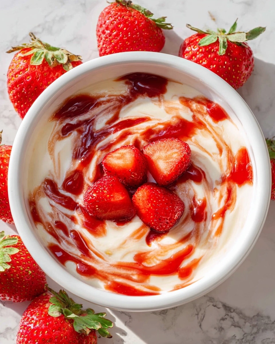 Large white bowl filled with creamy vanilla yogurt swirled generously with vibrant strawberry jam, topped with fresh halved strawberries artfully arranged on the surface, surrounded by a ring of whole ripe strawberries on a white platter, shot from a 3/4 angle on a white marble countertop with soft natural lighting, styled as a bright and fresh hero food magazine photo, photo taken with an iphone --ar 4:5 --v 7