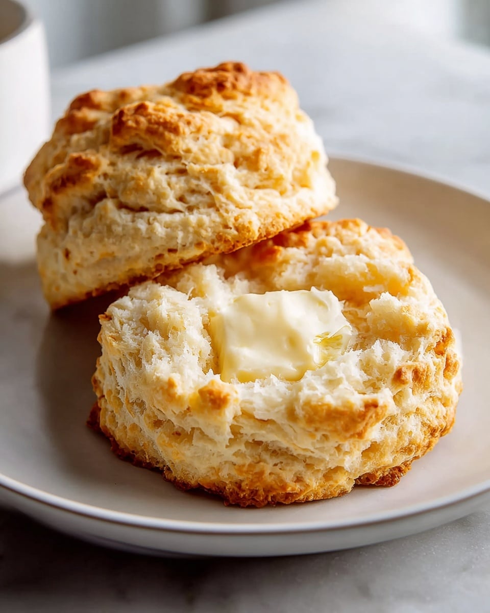 Large white plate filled with multiple freshly baked golden brown buttermilk biscuits, showcasing their flaky layers and textured tops, arranged in a rustic pile, accompanied by a small white dish of creamy golden butter in the background, entire scene set on a white marble countertop under natural light, professional food styling photo taken with an iphone --ar 4:5 --v 7