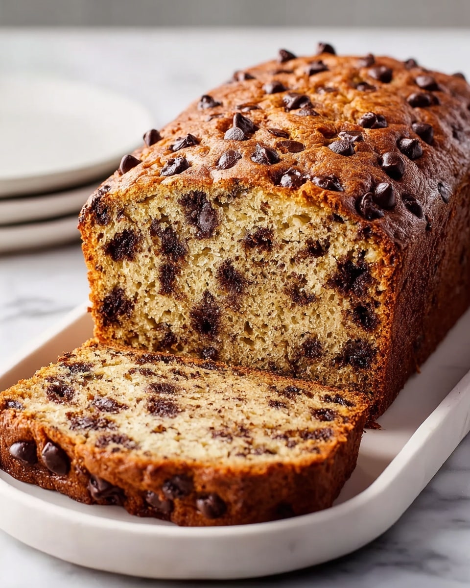 Whole chocolate chip banana bread loaf, golden-brown crust with a moist interior studded generously with melty chocolate chips, resting on a clean white plate, photographed from a 3/4 angle on a white marble countertop with natural lighting, styled like a hero shot from a high-end food magazine, photo taken with an iphone --ar 4:5 --v 7