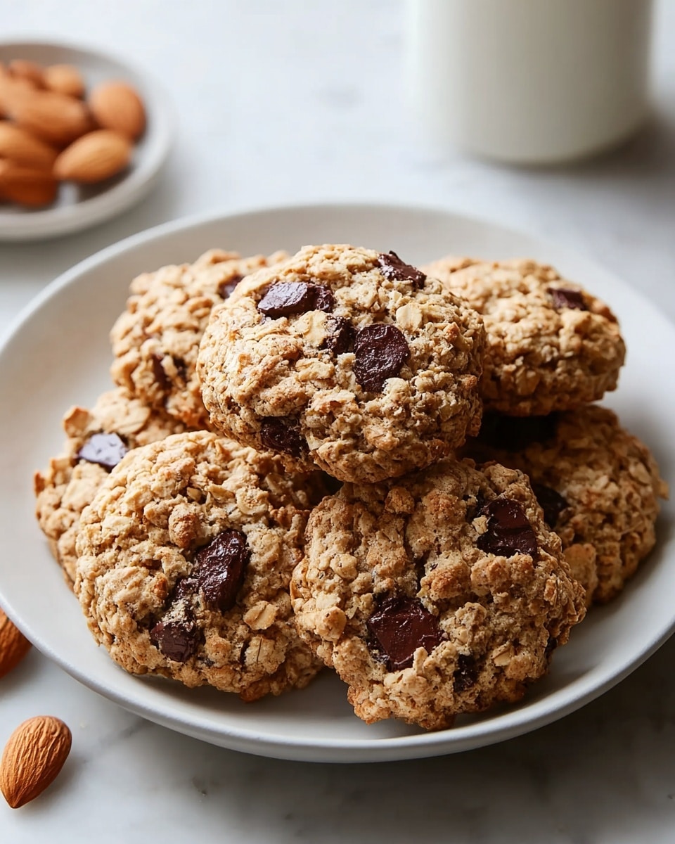 Large white plate filled with a full batch of freshly baked oatmeal cookies studded with rich dark chocolate chunks and whole almonds, arranged neatly across the plate to showcase their textured, golden-brown surface, shot from a 3/4 angle on a pristine white marble countertop under natural lighting, styled like a hero food magazine shot, photo taken with an iphone --ar 4:5 --v 7