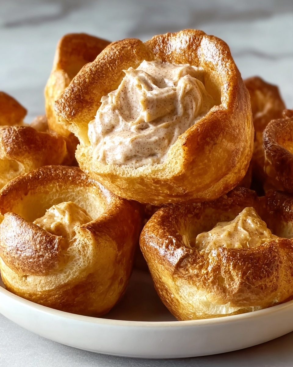 A large white bowl filled with multiple golden-brown Yorkshire puddings, each puffed up and airy with crisp edges, one Yorkshire pudding in the center generously filled with creamy, speckled cinnamon-spiced whipped butter, all arranged invitingly in the bowl, photographed from a close 3/4 angle on a white marble countertop under natural light, professional food magazine hero shot photo taken with an iphone --ar 4:5 --v 7
