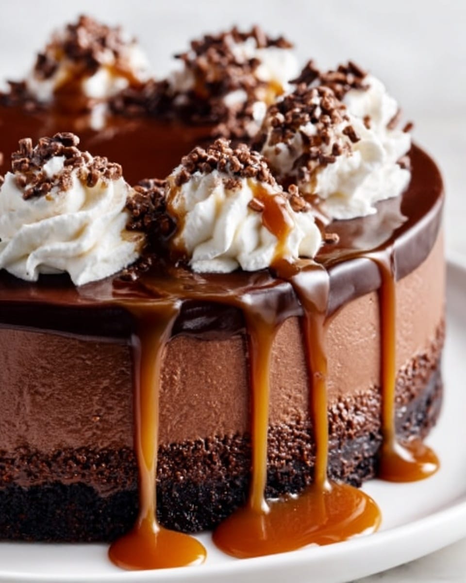 Whole, round, rich chocolate mousse cake on a white plate, featuring a smooth glossy dark chocolate ganache coating the top, layered over a dense chocolate crust base, decorated with whipped cream dollops and drizzled caramel sauce flowing down the sides, garnished with crunchy chocolate sprinkles, presented on a white marble surface with natural lighting, professional 3/4 angle food magazine style hero shot, photo taken with an iphone --ar 4:5 --v 7