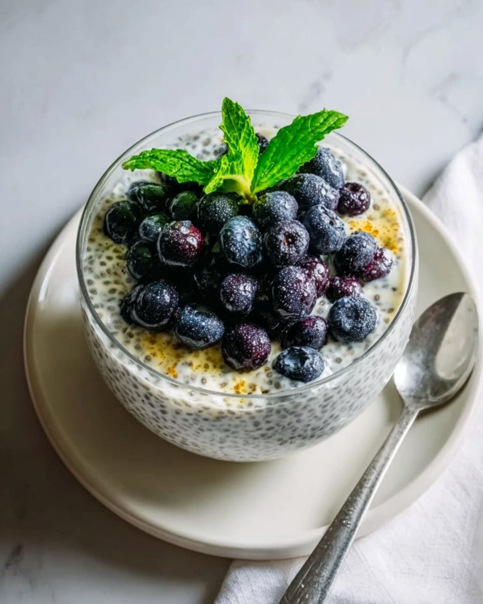 Large white bowl filled with creamy chia seed pudding, topped generously with a mound of plump fresh blueberries and a vibrant green mint sprig as garnish, the entire dish presented in an uncut, whole serving style, photographed from a professional 3/4 angle on a white marble surface with natural lighting, styled like a hero shot from a food magazine, photo taken with an iphone --ar 4:5 --v 7