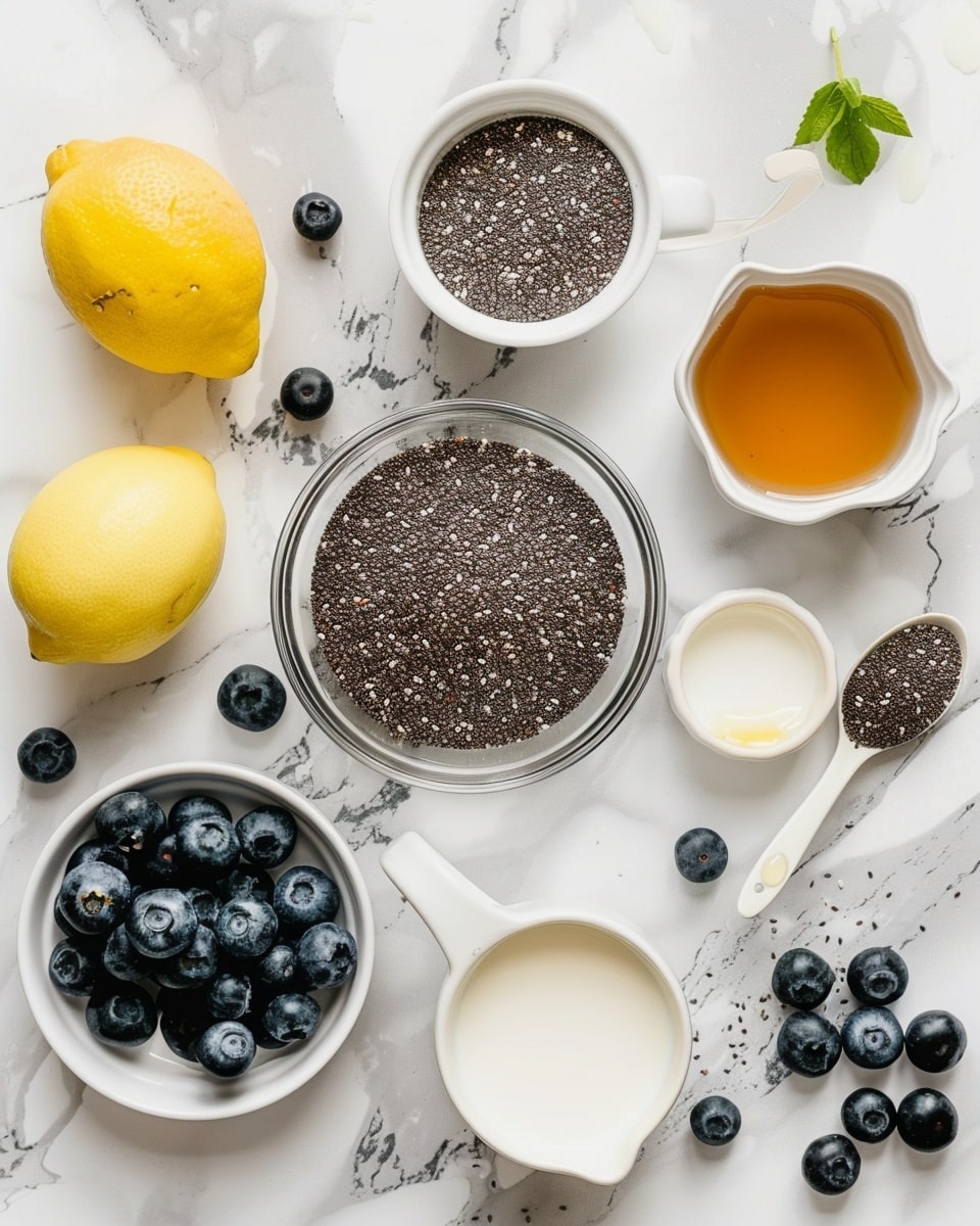 Single clear glass serving filled with creamy chia pudding layered with plump blueberries on top, drizzled with honey, garnished with a fresh mint sprig, close-up angled shot revealing the speckled texture of the chia seeds suspended in the pudding, placed on a white plate over a white marble surface with natural lighting, styled like a food blog individual portion, photo taken with an iphone --ar 4:5 --v 7