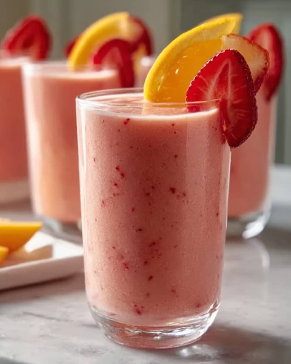 A large white marble countertop holding a group of tall, clear glasses filled to the brim with vibrant pink strawberry mango smoothie, each glass garnished with fresh strawberry slices and a wedge of bright orange mango on the rim, arranged neatly to showcase the creamy, thick texture and the natural fruit specks inside, illuminated by soft natural light to highlight the freshness and color contrast in a professional, magazine-style hero shot. Photo taken with an iphone --ar 4:5 --v 7