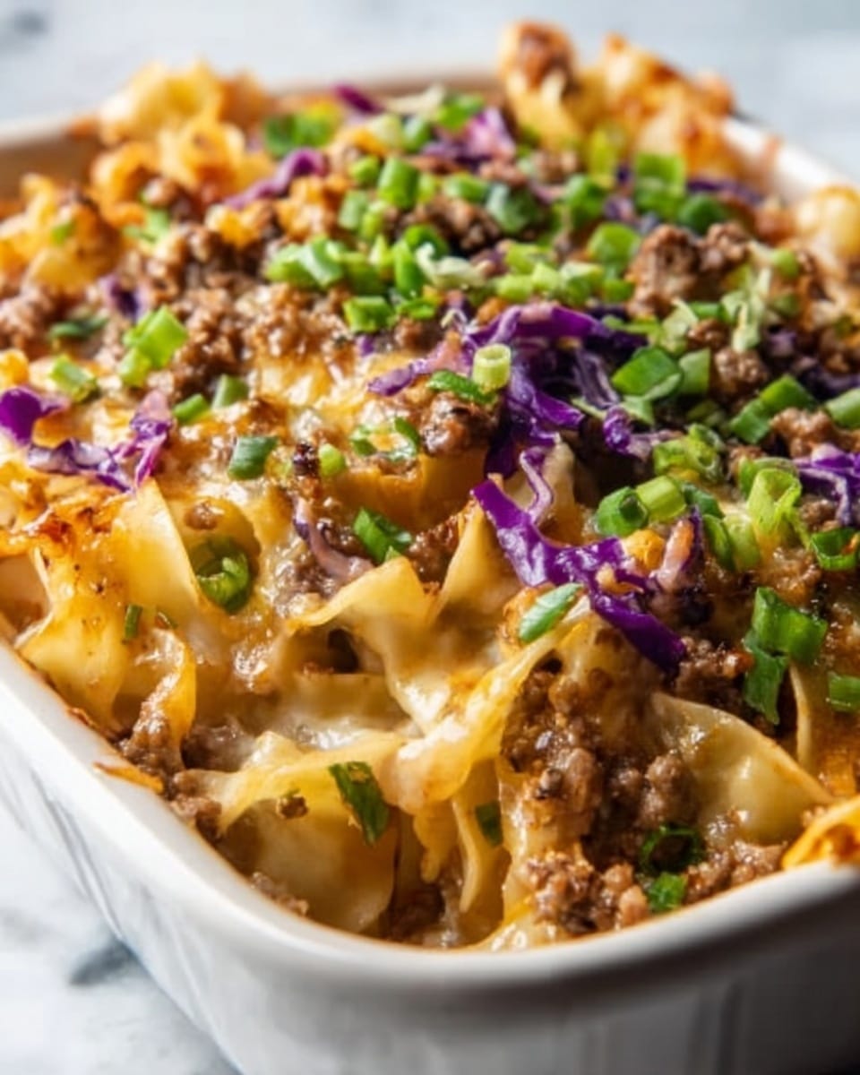 Large white rectangular baking dish filled with a generous layered casserole of wide egg noodles mixed with seasoned ground beef, richly coated in melted golden cheese, richly sprinkled with finely chopped green onions and vibrant purple cabbage for a pop of color, the dish bubbling and inviting fresh from the oven, photographed at a 3/4 angle on a pristine white marble surface with natural lighting, styled as a hero shot from a food magazine, photo taken with an iphone --ar 4:5 --v 7